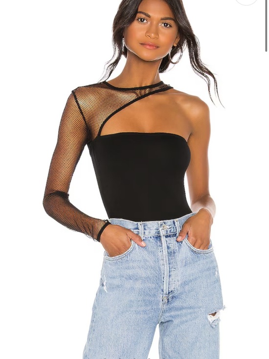 h:ours Tops - NWOT h:ours Black One-Shoulder Mesh Sleeve Bodysuit